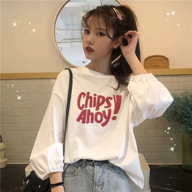 Áo Thun Dài Tay, 100% Cotton, Dành Cho Nữ, Tay Phồng, Phong Cách Mới Mùa Thu 2025, Phong Cách Hàn Quốc Sinh Viên, Áo Sơ Mi Cơ Sở Dáng Rộng, Áo, Phong Cách Ins