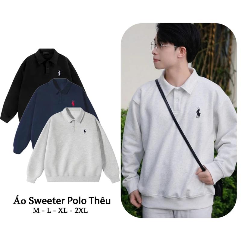 Áo Sweeter Polo Nam Nữ Form Suông Vải Nỉ Cotton 2 Da Áo Thun Polo Dài Tay Cổ Bẻ 3 Màu Đen Xám Xanh Than