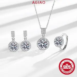 AGIAO Platinum Industri Berat Kelas Atas Flash Berlian Mewah Putri Bulat Anting Berlian Cincin Liontin Kalung Wanita Tiga Potong Set