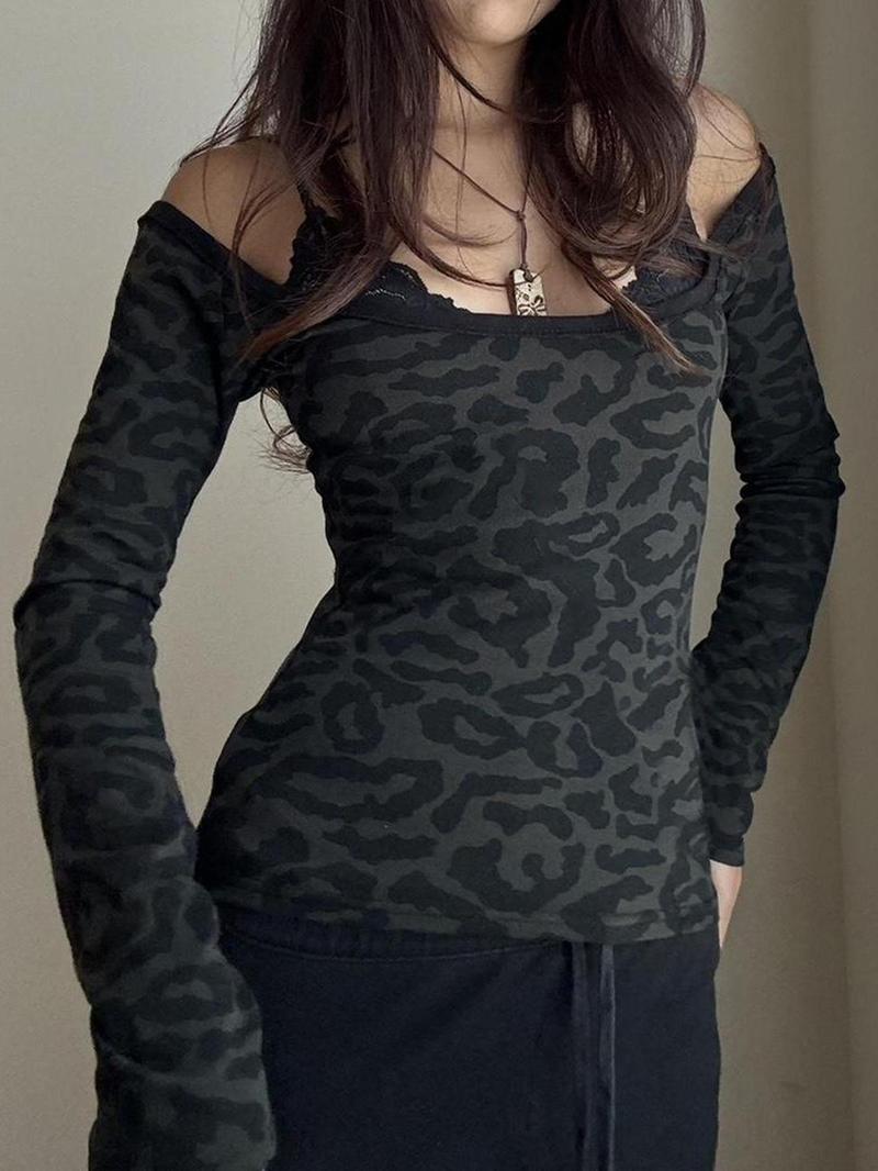 Product Introduction of Women's Leopard Patchwork Print Contrast Lace Backless Tee, Y2k Trendy Casual Long Sleeve T-shirt for Daily Wear, Ladies Fall & Winter Wear 13