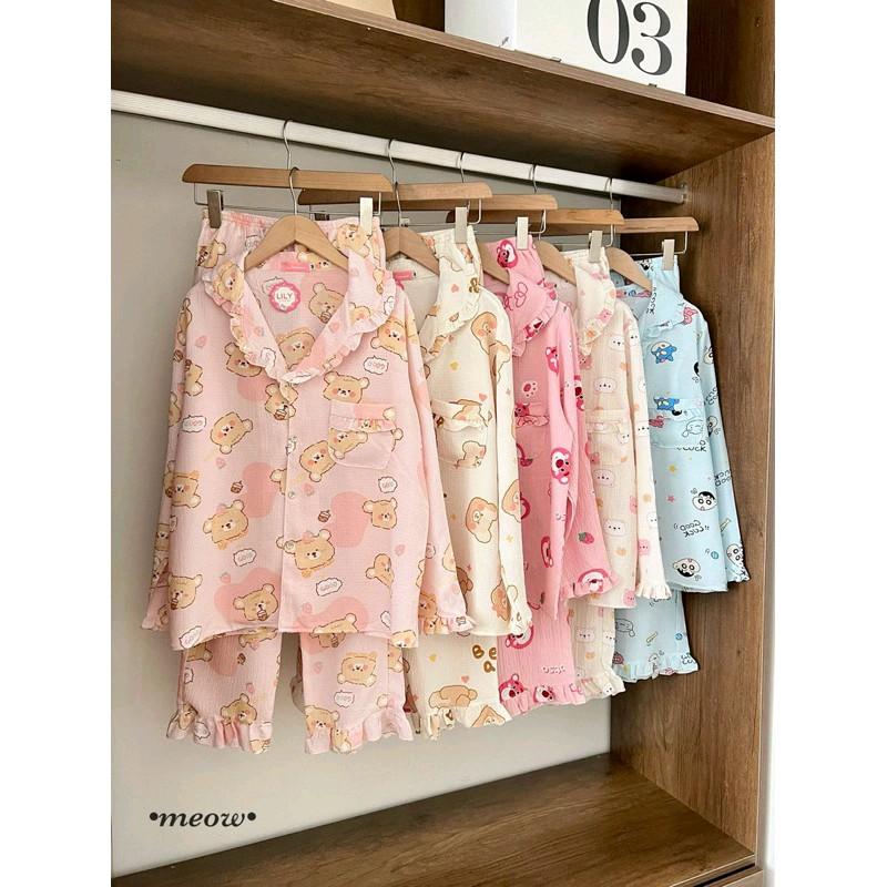 Đồ Mặc Nhà, Bộ Ngủ Nữ, Pijama Tay Dài Chất Liệu Đũi Xốp Hàn Freesize 1