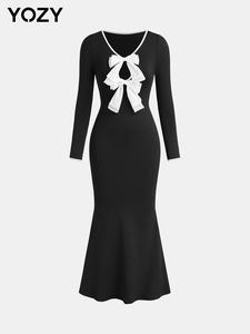 YOZY Women's Bow Front Cut Out Bodycon Dress, Elegant Long Sleeve V Neck Evening Party Gown, Ladies Clothes for All Seasons