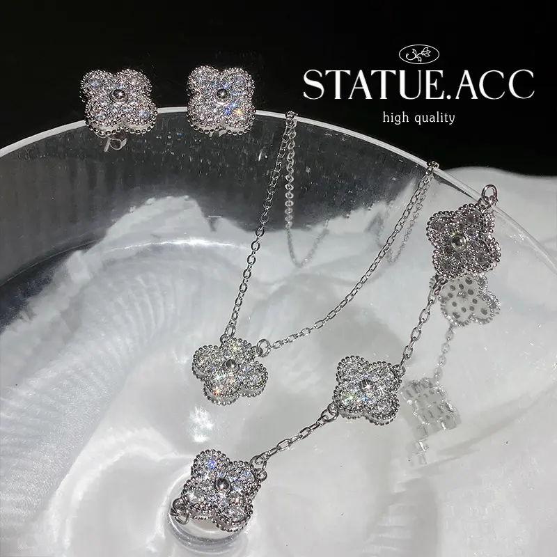 Micro Inlaid Zircon Light Luxury Four-Leaf Exquisite Necklace for Women Clover Special-Interest Design Trendy Clavicle Chain Earings Set