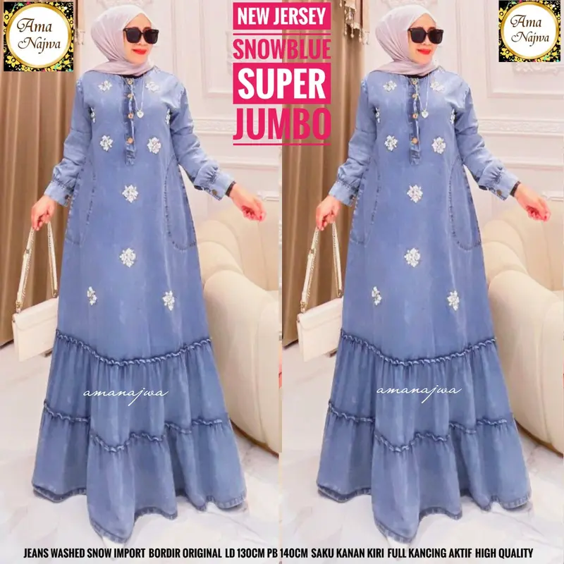 Gamis Jeans Wanita Muslim Terbaru Ld 130 cm Pj 140 cm Bahan Halus Rempel Bawah Kancing Depan Aktif Lengan Panjang Bordir Original Best Seller Recommended Fit Kerja 3