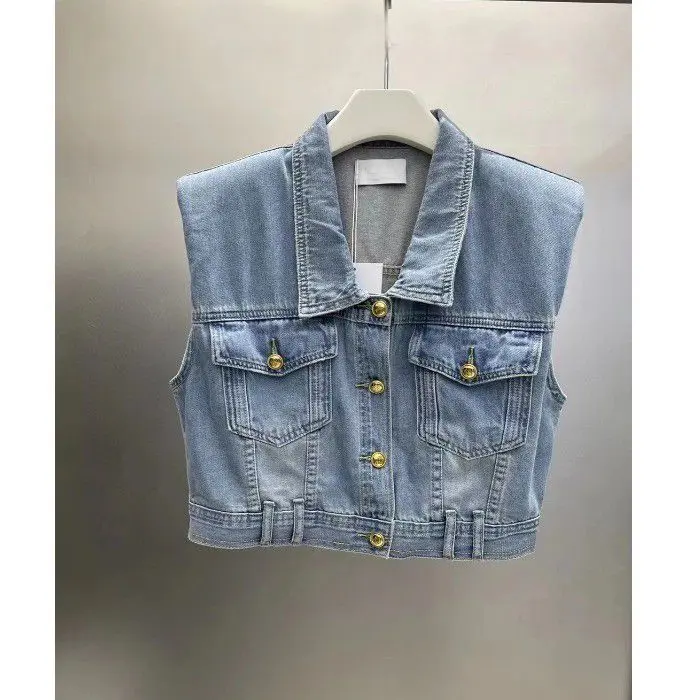 Dongdaemun - áo vest denim nữ, phong cách Hàn Quốc mới, Xanh Biển , khóa kim loại, ngắn, rộng rãi, mỏng, thời trang hàng đầu, mùa hè 2024 Top Women Khuy Có Cổ