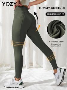 YOZY-GOOO Pocket Sports Leggings, Solid Color Skinny High Waist Yoga Leggings for All Season, 2024 Women's Bottoms for Indoor Outdoor Wear