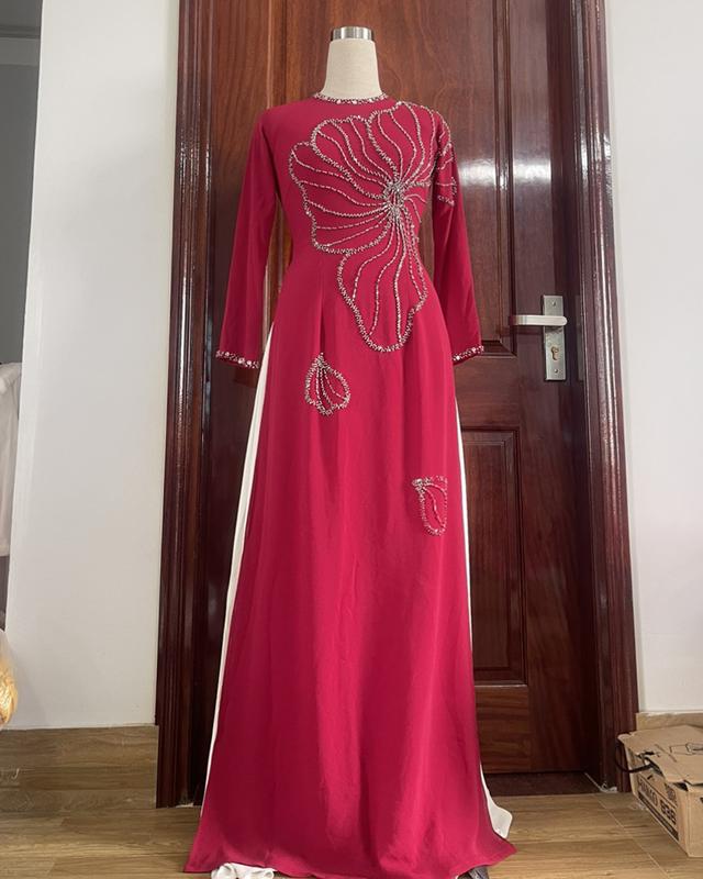 Áo dài thiết kế màu đỏ đô đính kết tay thủ công từ eo tỏa ra sang trọng, chất liệu chiffon 4 tà mềm mịn nữ voi women sen Dress Voan Thun Đỏ Đầm