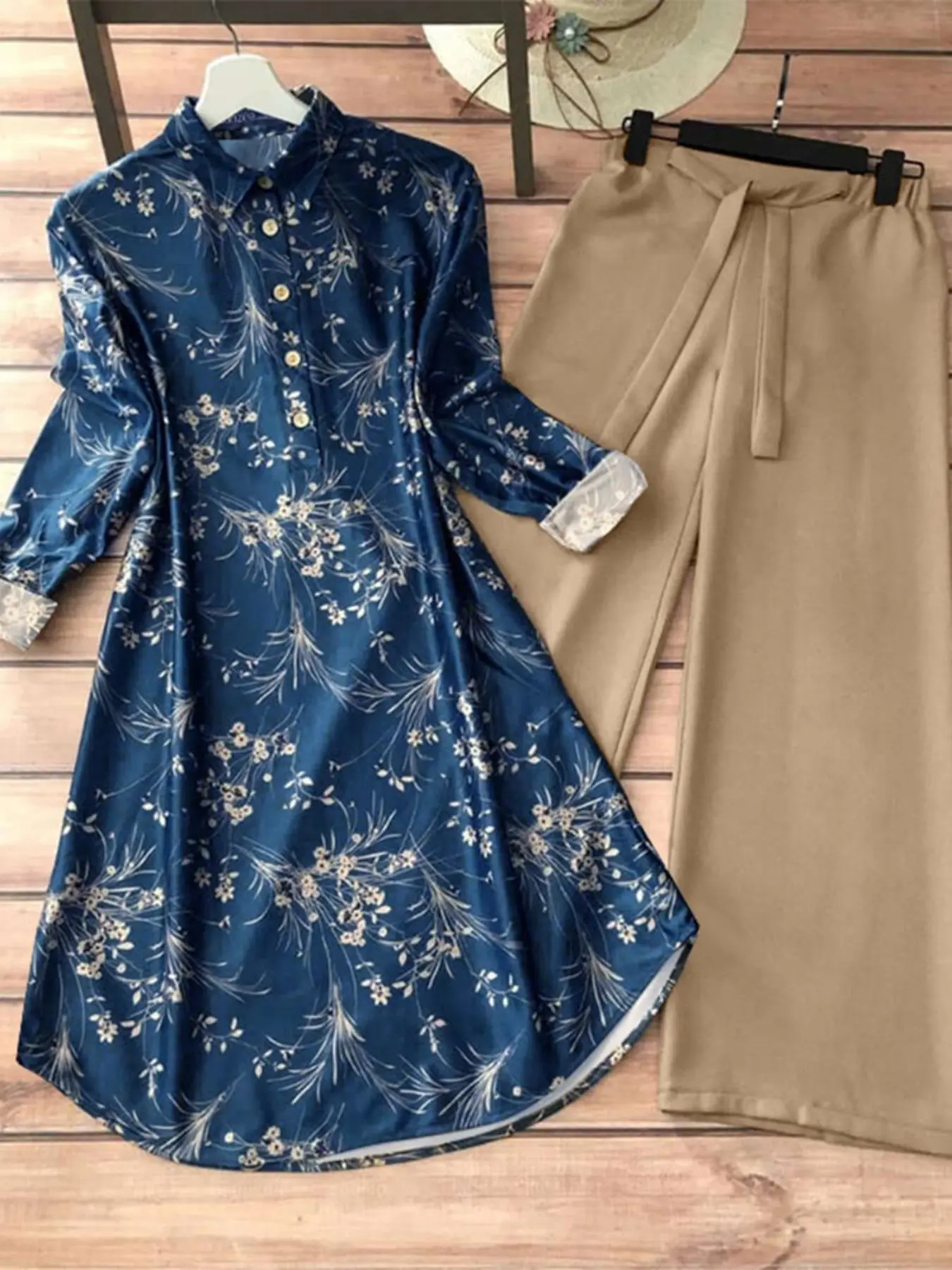 Women's Floral Print Button Front Longline Polo Shirt & Plain Wide Leg Pants Two-piece Set, Casual Elegant Long Sleeve Top & Knot Front Trousers for Daily Wear, Ladies Two-piece Matching Outfits for All Seasons