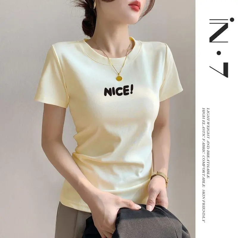 Simple Letter Print Short-Sleeve T-shirt Fashion round Neck Top for Women