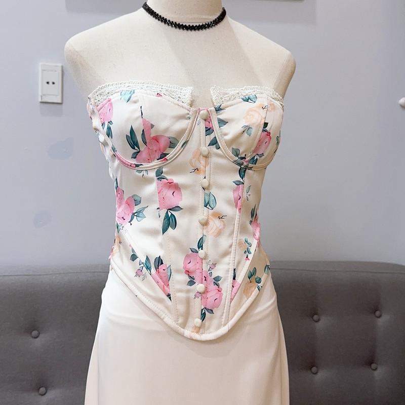 ( Ảnh thật ) Set áo croset in nhiệt hoa 5D phối chân váy lụa Tô châu cao cấp quyến rũ Dress Nữ Ren Women Bo Chun Voan 5