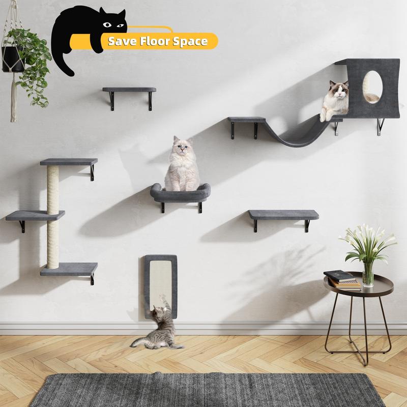 TikTok Shop 2024 Wall Mounted Cat Climbing Frame 6pc Cat Wall Furniture Cat Climber with Cat House Bridge Tree Steps and Scratcher DIY Cat Walls Playground Cat Shelves for Indoor Wall Furniture