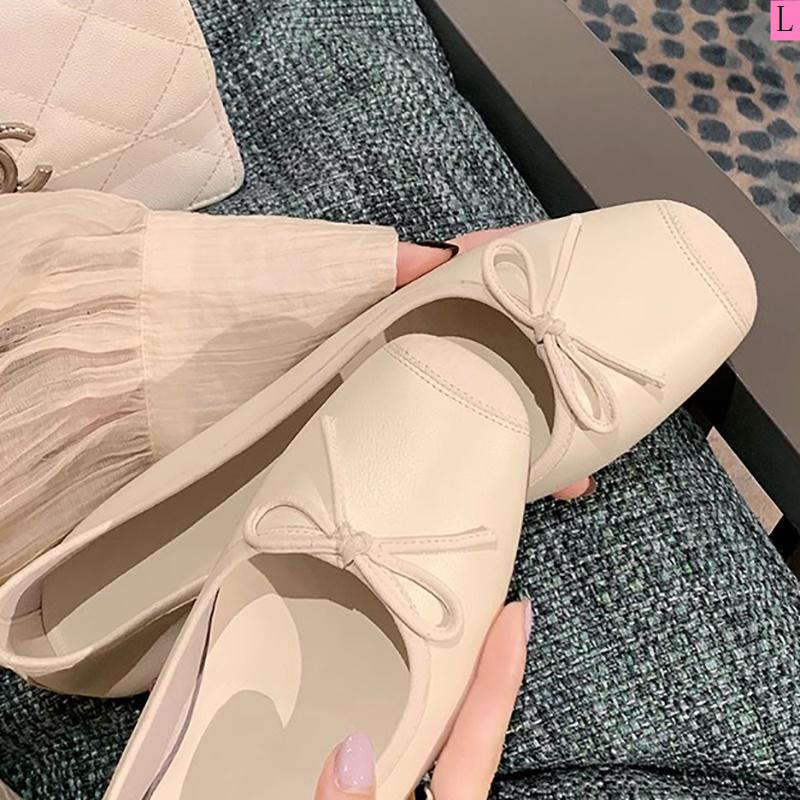 2023 Summer New Style Single Shoes Women Outer Wear Round Toe Shallow Mouth Bow Showing Feet Small Flat All-Match Ballet Shoes Footwear Girl Walking Shoes Running 3