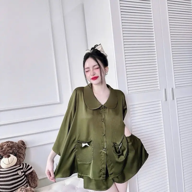 Set Bộ Đồ Ngủ Bộ Mặc Nhà Tiểu Thư Cổ Sen 2 Túi Tay Lửng Lụa Tơ Tằm CC Dành Cho Nữ 40-75kg 2