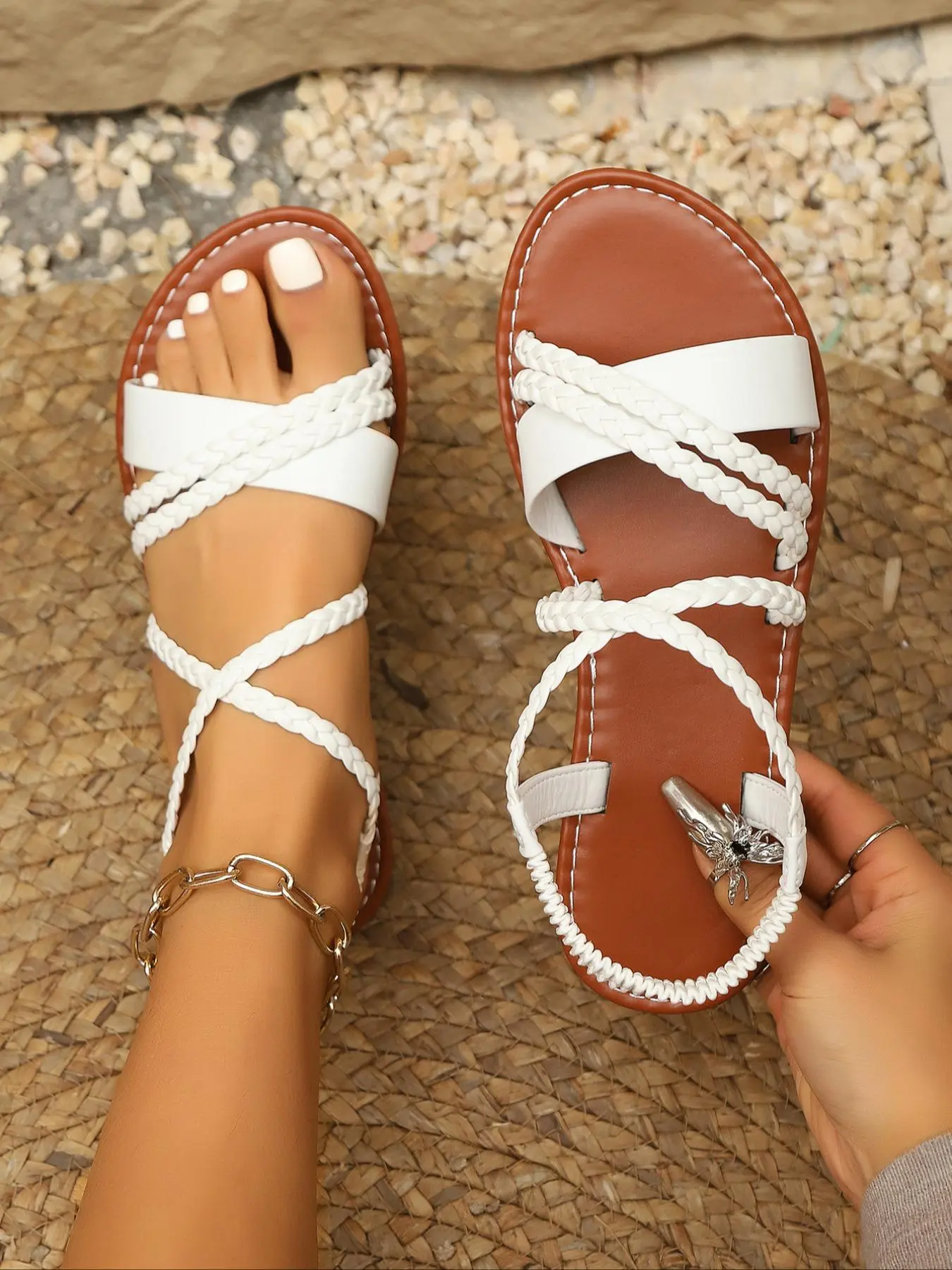 Women's Fashionable Braided Design Flat Sandals, Casual Comfortable Slingback Sandals for Summer, Lightweight Breathable Shoes for Daily Wear, Girl