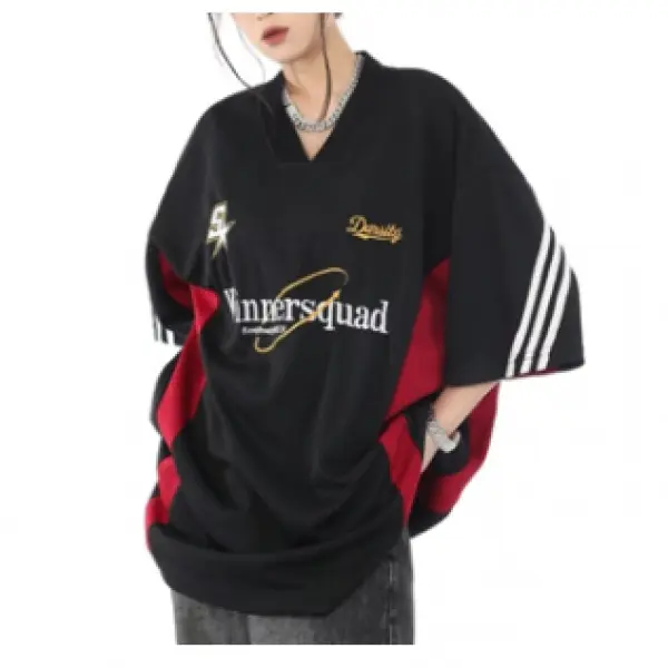 Lotin Vintage Jersey V-Neck Short-Sleeved t-Shirt Women oversize Loose hiphop Top National Trendy Clothing Lingerie Fit