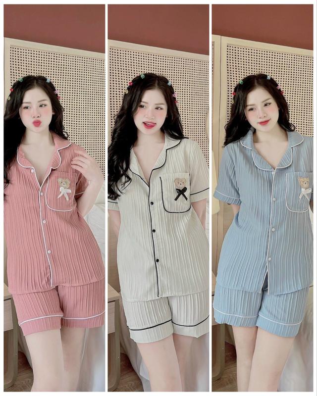 Set Đồ Bộ Pyjama Nữ Phối viền Quần Đùi có túi Vải Đũi Gân MỀM NHẸ, Có big size