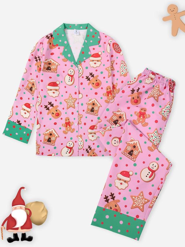 Women's All Over Cartoon Print Loungewear Set, Fashion Lapel Collar Button Front Blouse & Elastic Waist PJ Pants, Women's Sleepwear for Fall, Valentine's Day Gift for Girl 4