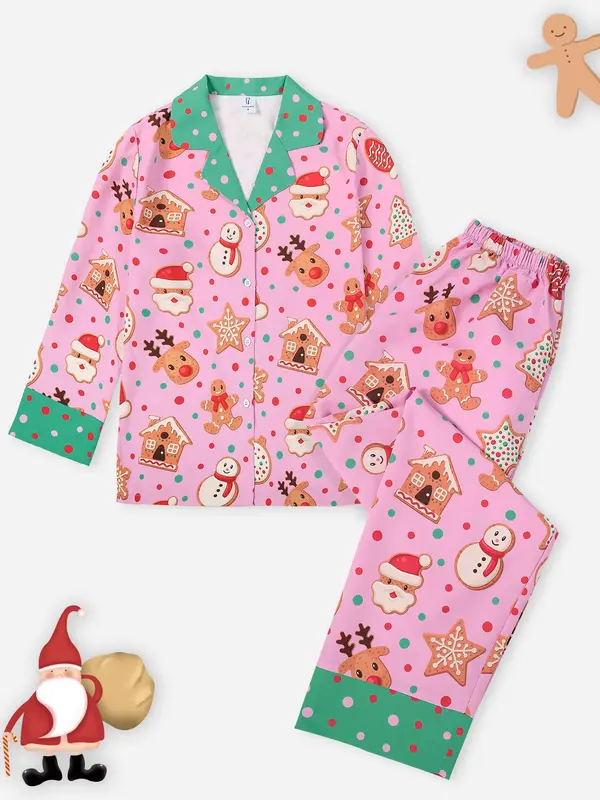Women's All Over Cartoon Print Loungewear Set, Fashion Lapel Collar Button Front Blouse & Elastic Waist PJ Pants, Women's Sleepwear for Fall, Valentine's Day Gift for Girl 4