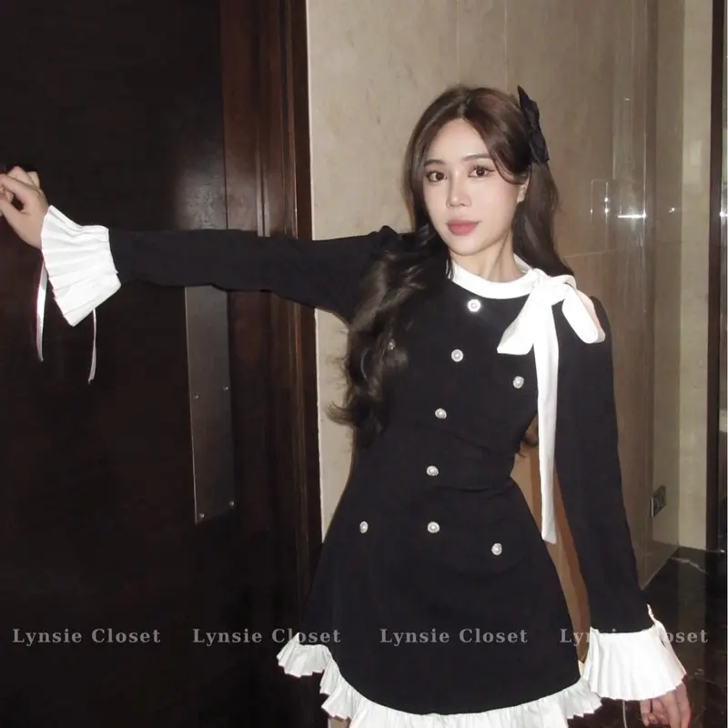 [Cici Dress] Váy đính nơ cổ chiết eo dáng xoè phối li (Ảnh thật shop chụp) 2