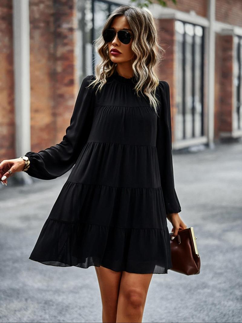 Product Introduction of Women's Plain Ruched Ruffled Collar Smock Dress, Boho Bishop Sleeve Short Dress for Beach Holiday Vacation, Ladies Clothes for All Seasons 13