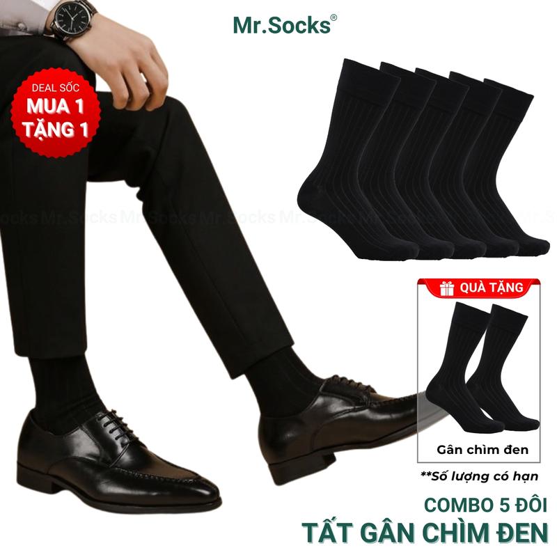  Hộp 5 đôi tất nam cổ cao màu đen Mr.Socks gân chìm vớ nam công sở chất liệu cotton cao cấp hút ẩm thoáng khí - TAYGANCHIM-DEN-CB5 