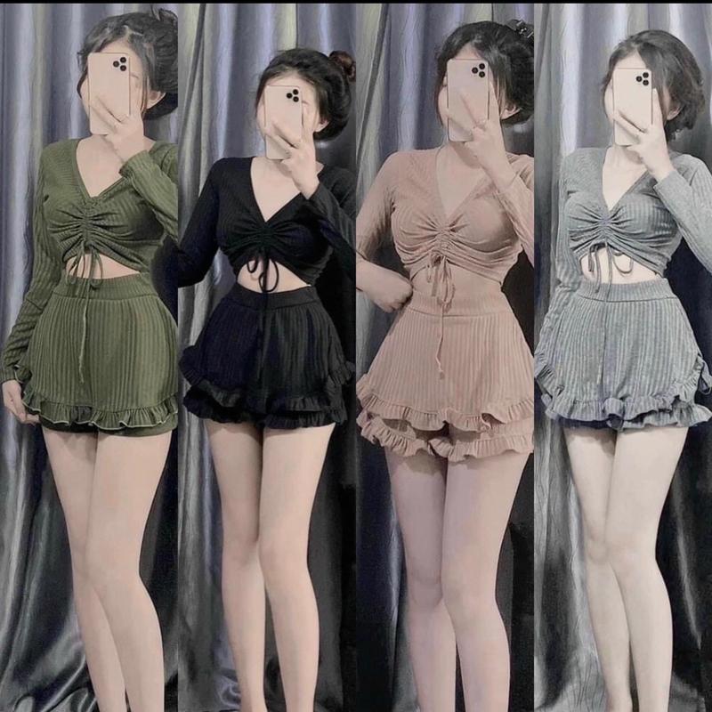 Sét bèo áo rút dây croptop váy bèo xoè 2 lớp có quần trong vải conton chất dày đẹp Nữ Áo j09