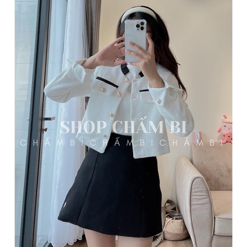 Áo khoác dạ tweed nữ A.366, Áo khoác dáng ngắn dài tay cổ viền đen túi hộp sang chảnh - Thời trang nữ Chấm Bi
