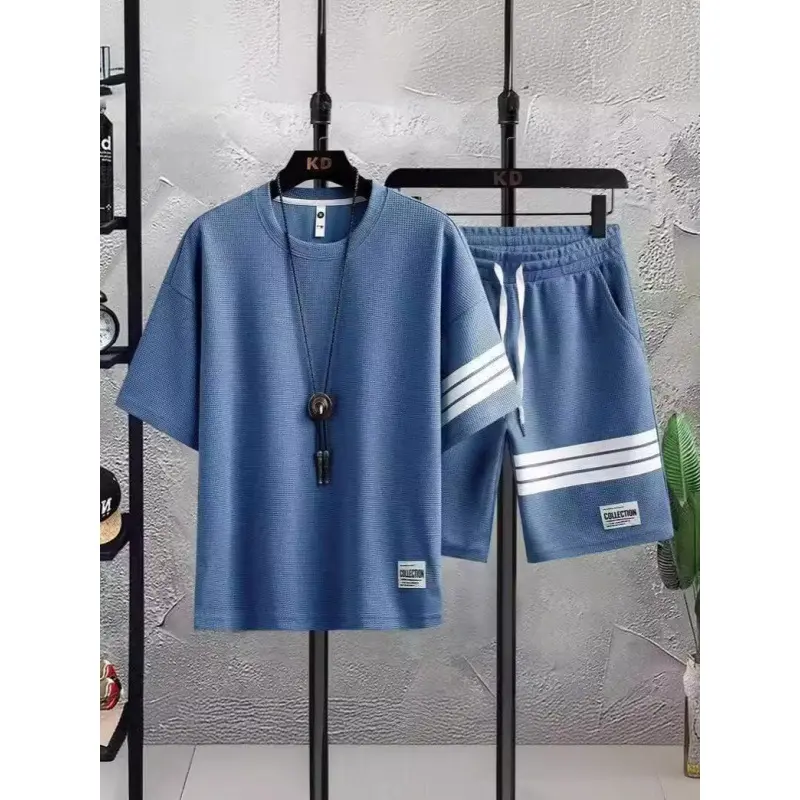 Men's Summer Short Sleeve T-Shirt & Shorts Set - Casual Waffle Knit Outfit |   Trendy Sporty 2-Piece Lounge Wear |   Lightweight Comfort Clothes