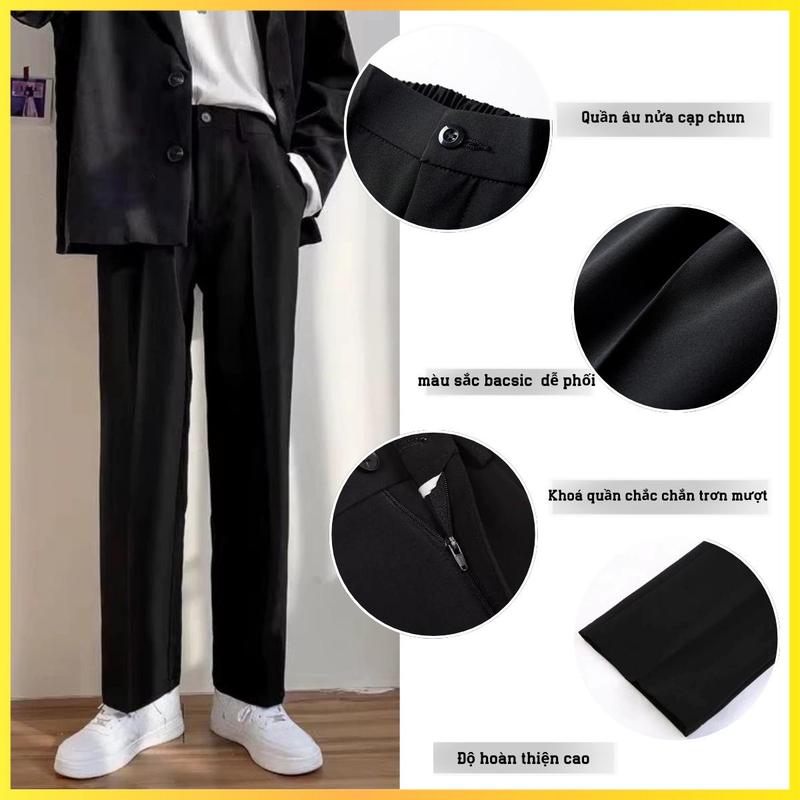 Quần âu nửa cạp chun SUN CLOSET MÀU ĐEN form suông rộng nam nữ Menswear Pants có thể giặt máy thời trang thanh lịch 1