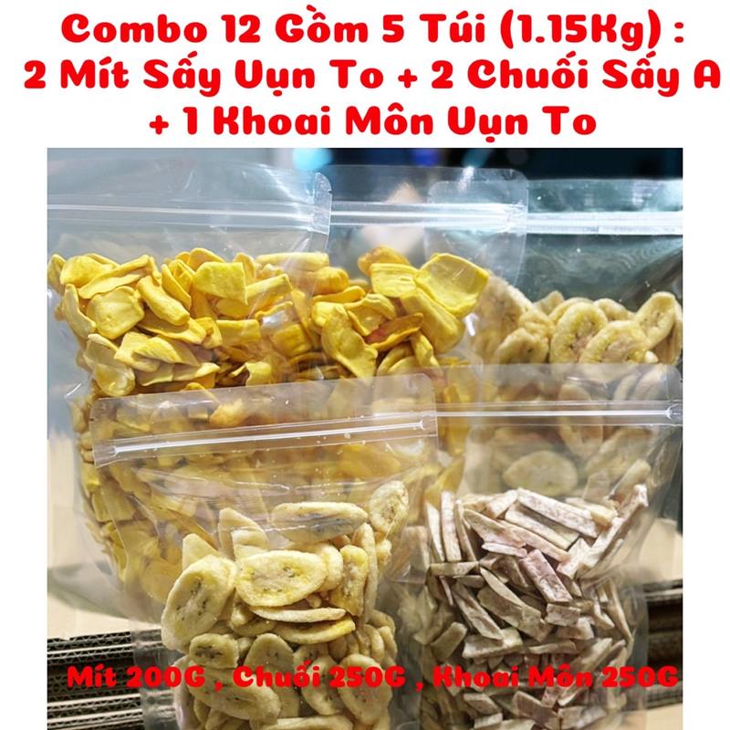 Combo 12 (1.15kg) gồm 5 Túi : 2 Mít Sấy Vụn To + 2 Chuối Sấy nguyên A + 1 Khoai Môn Sấy Vụn To - Thơm giòn được đóng gói bằng túi zipper trong suốt