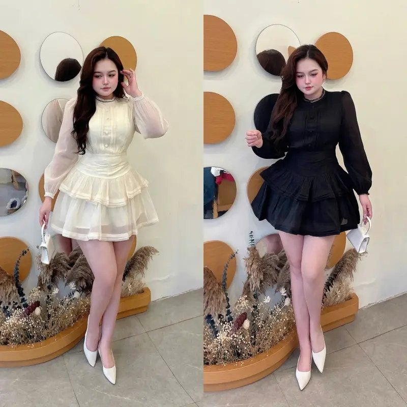 Đầm tầng tơ nút bọc tay dài 60-90kg L xl xxl QUỲNH NHƯ BIGSIZE