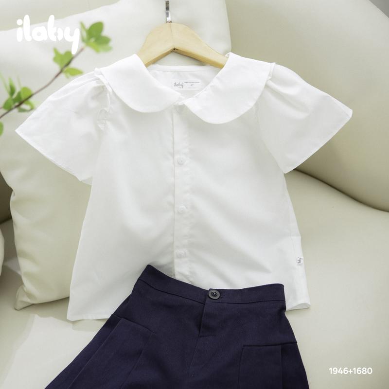 Áo sơ mi đi học bé gái ILABY cánh tiên bèo vai chất liệu thô cotton cho bé không kèm nơ [1680]