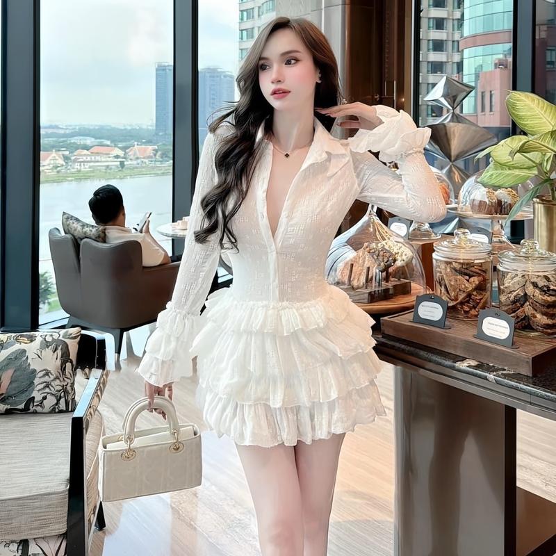 Đầm dự tiệc tiểu thư cổ đức phối bèo tầng chất ren thêu hoa nổi màu trắng màu đen điệu đà sang trọng  Women Nữ