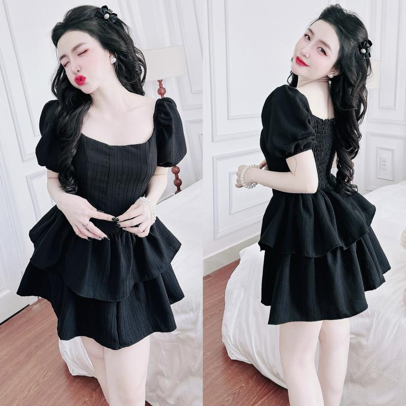 Váy  Dự Tiệc Có Mút Cổ Vuông Trễ Vai Tay Ngắn Vải Xốp Nhật Bigsize 50-100kg Nữ Dress Voan Đầm Women Đen - B.1304 2