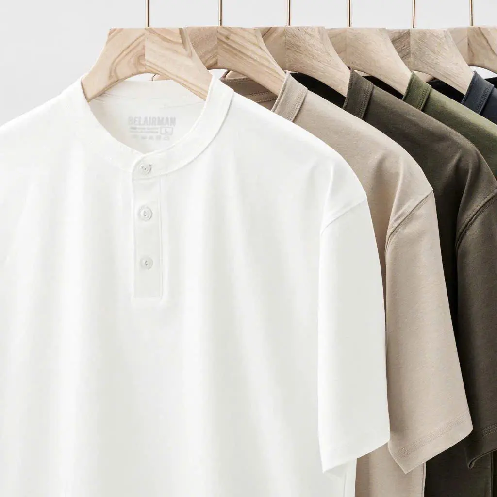 Áo Thun Nam Mới Nhật Bản Cổ Điển Giản Dị Sang Trọng 260g Cotton Nguyên Chất Đáy Trắng Henley Cổ Áo Cặp Đôi Thời Trang