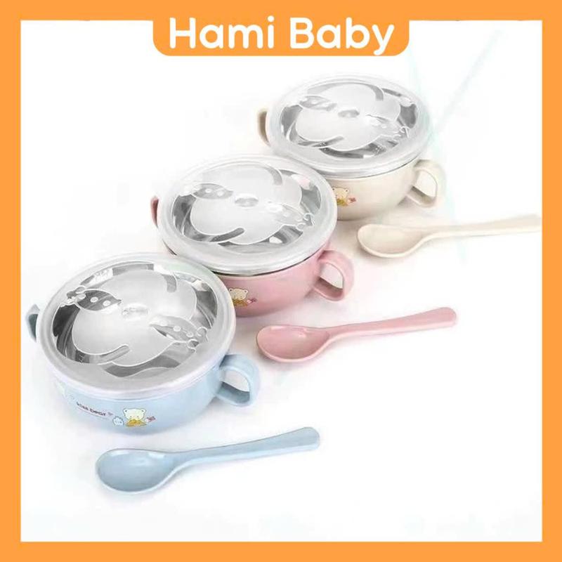 Chén Ăn Dặm Cho Bé Bát Ăn cơm Inox Cách Nhiệt Có Tay Cầm Kèm Muỗng Và Nắp Đậy Shop Hami Baby