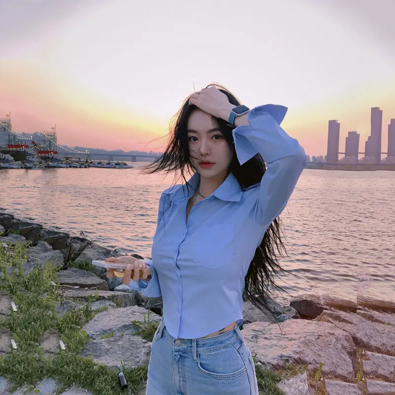 French Style Waisted Long-Sleeved Shirt Female Student Spring and Autumn New Design Sense Niche Korean Style Casual Blue Shirt Fashion