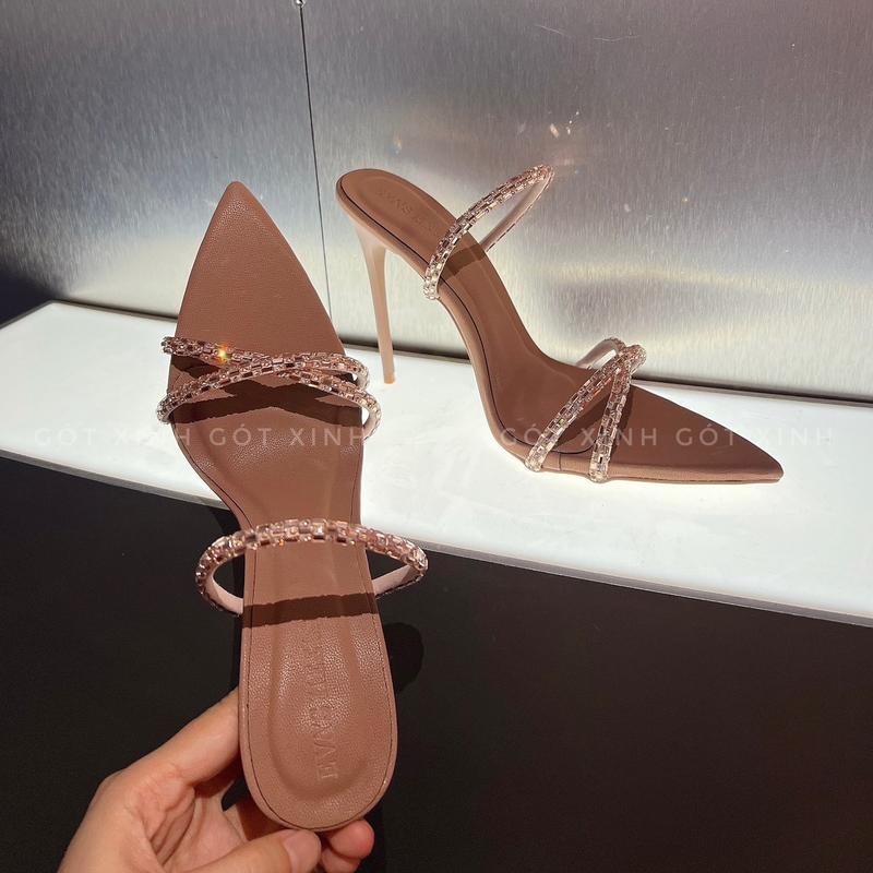 GÓT XINH - Dép cao gót nữ quoai đá chéo hồng nâu bling cao 8->12phân (nâu) giày shoes DéP Jean Women hoa giày  sandal