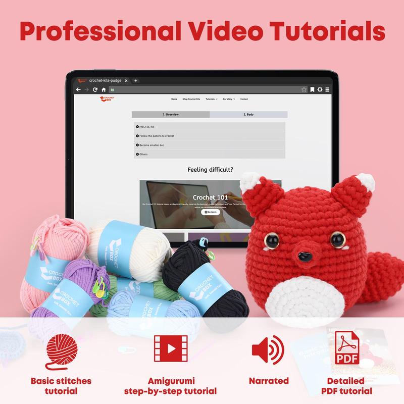 Fox Shaped Crochet Box, 1 Set Crochet Kit for Beginners, Including Accessories, Crochet Tool, Yarn, Filler Cotton, Hook, Sewing Needle, Plastic Eye, Marker Buckle, Instruction & Video Tutorial 4