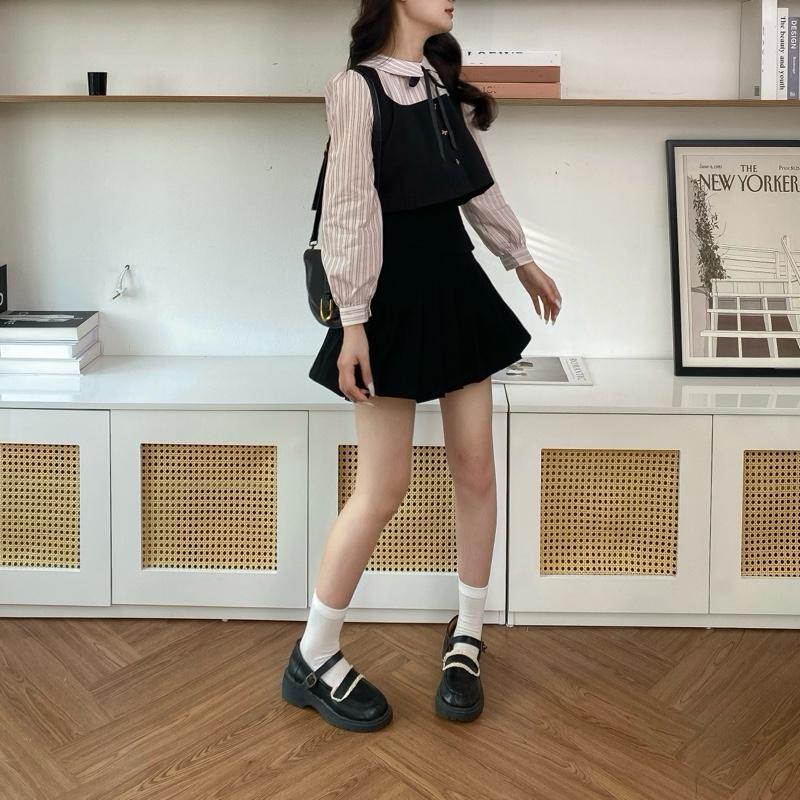 | Kèm ruy băng | Áo sơ mi nữ dáng croptop phối tay kẻ sọc chất xước mềm cotton 03 màu (Sơ mi Giao) 8