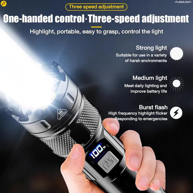 Product Introduction of LED flashlight, 50000W, rechargeable, waterproof, 5000mAh battery, 128 hours battery life or continuous use portable lighting 13