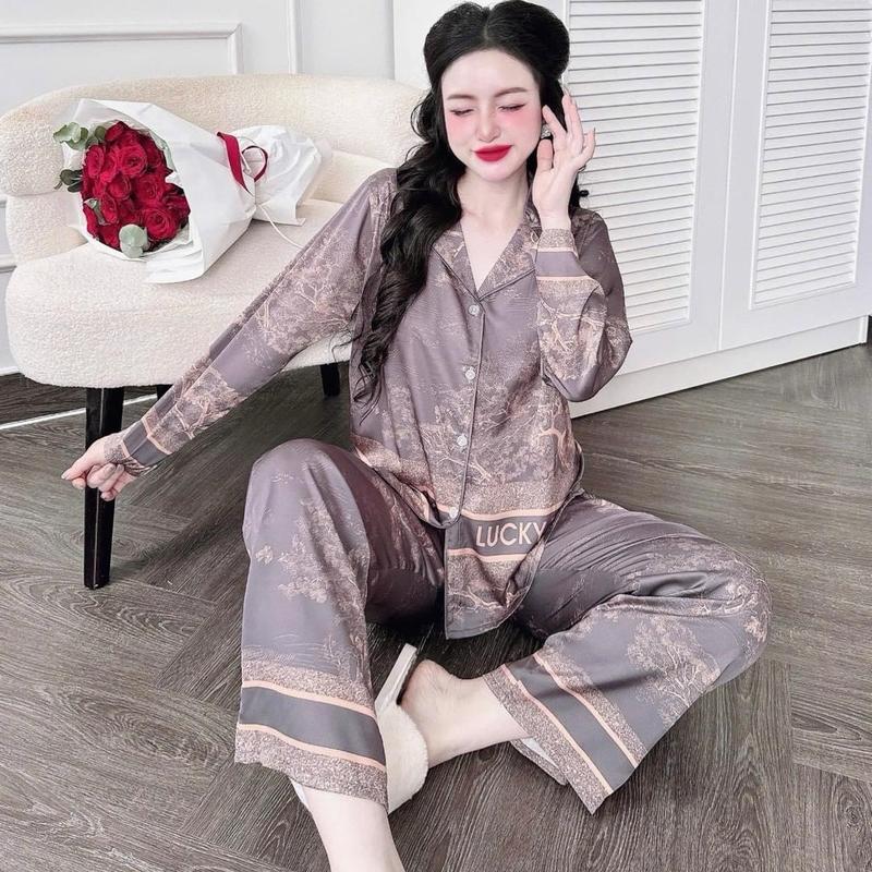 (42-60kg)bộ đồ ngủ pijama LỤA MỊN LATIN RỪNG NÂU mềm mịn mát Women Nữ 2