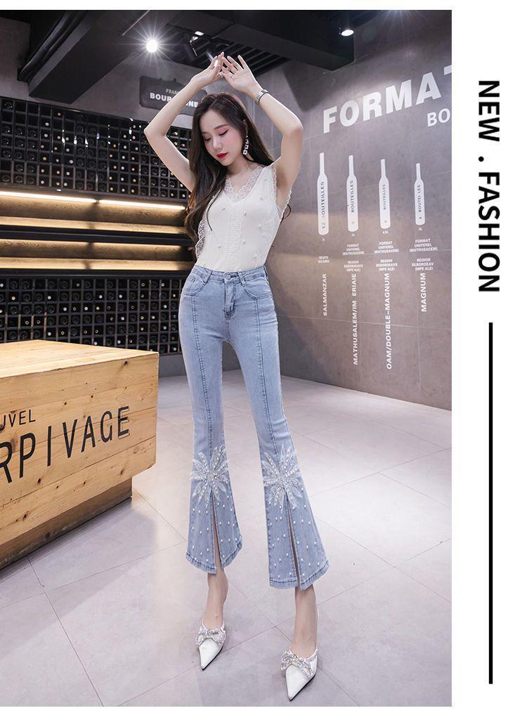 Product Introduction of Quần Jean Nữ, Phong Cách Người Ảnh Hưởng TikTok, Với Đính Cườm Nặng Và Ren, Cạp Cao, Mỏng Vừa Vặn, Dễ Phối Đồ, Quần Ống Loe, Hợp Xu hướng 23