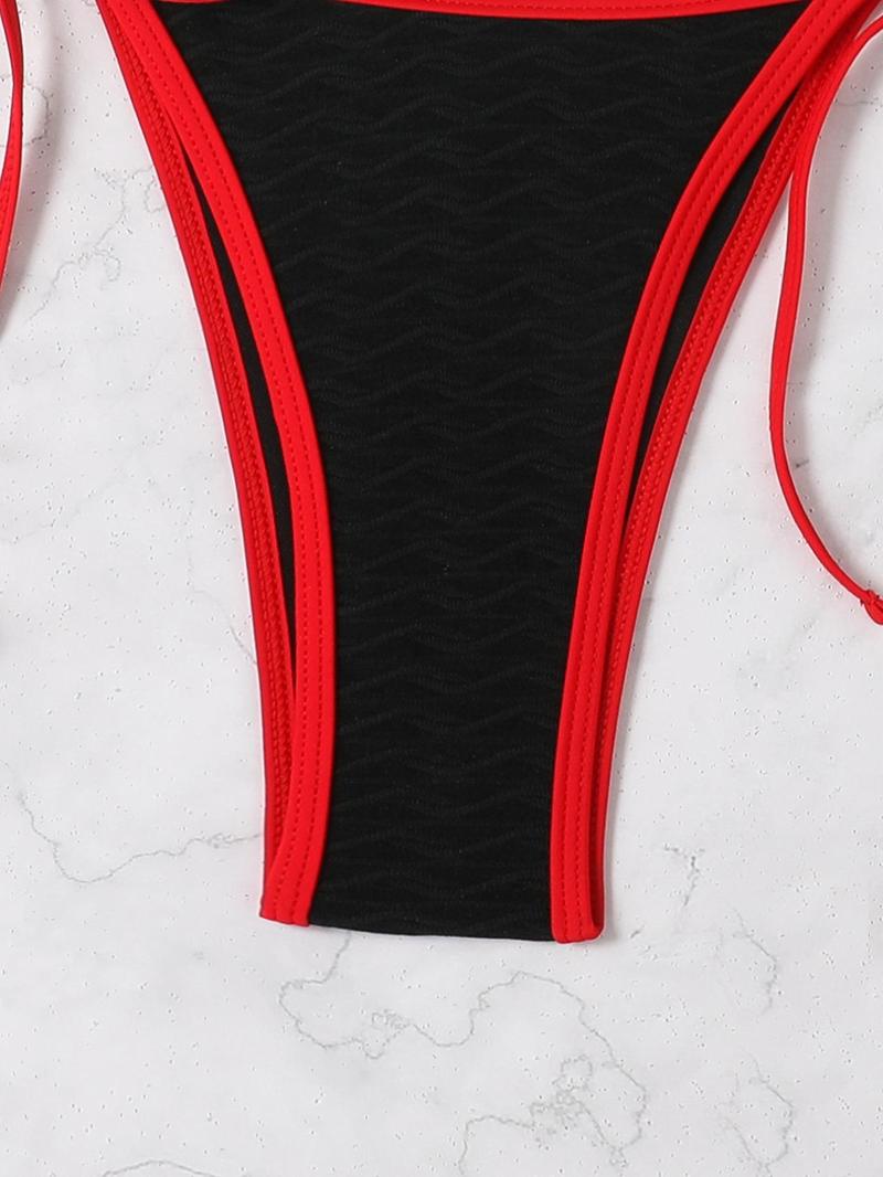 Product Introduction of Two-Piece Set Women's Boho Contrast Binding Bikini Swimsuit, Halter Neck Tie Back Triangle Swim Bra & Tie Side Swim Bottom, Ladies Summer Swimwear for Beach Holiday Vacation 19