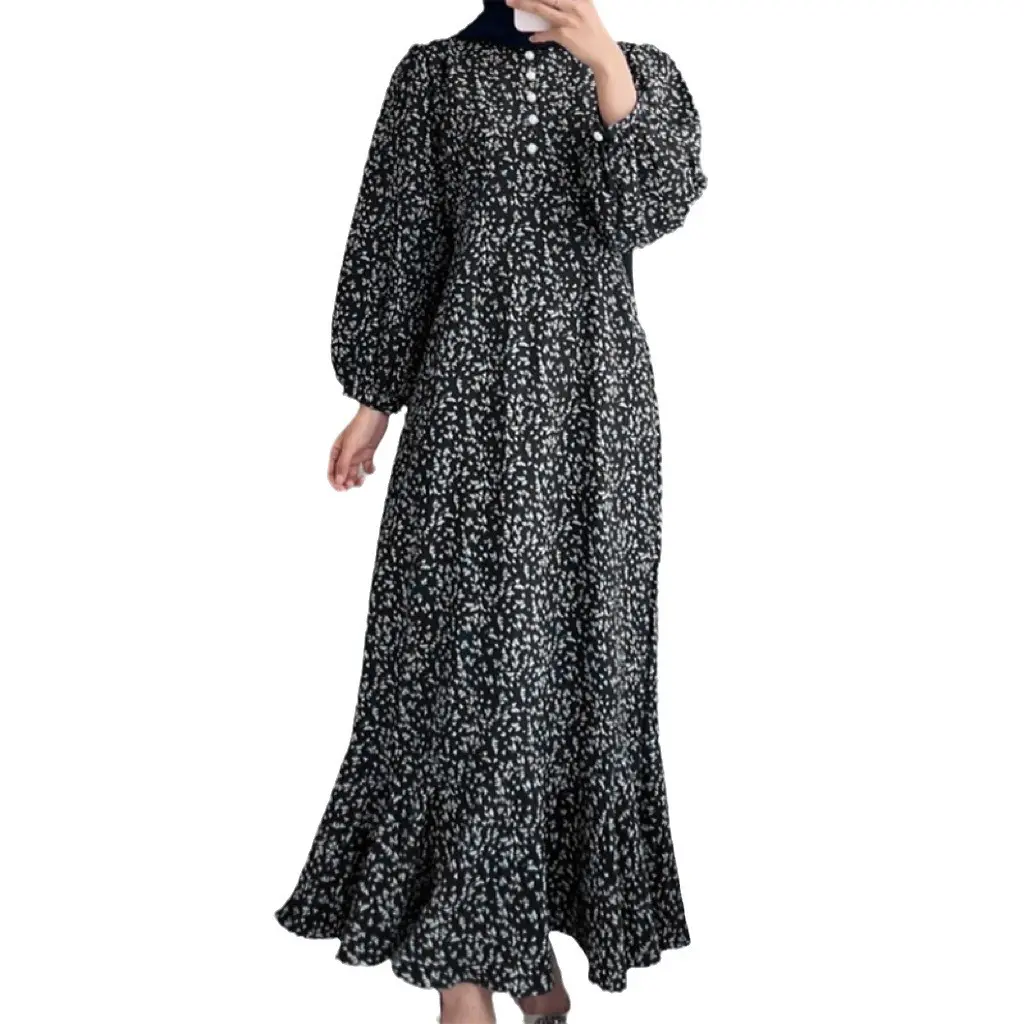Muslim casual long-sleeved door-opening loose printed button-down dress mariana moomoo