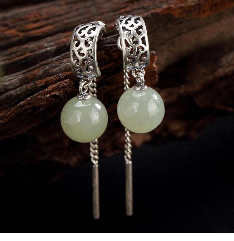 Product Introduction of Ladies green long section Chinese style natural Hetian white jade inlaid round bead earrings exquisite fashion jewelry 2