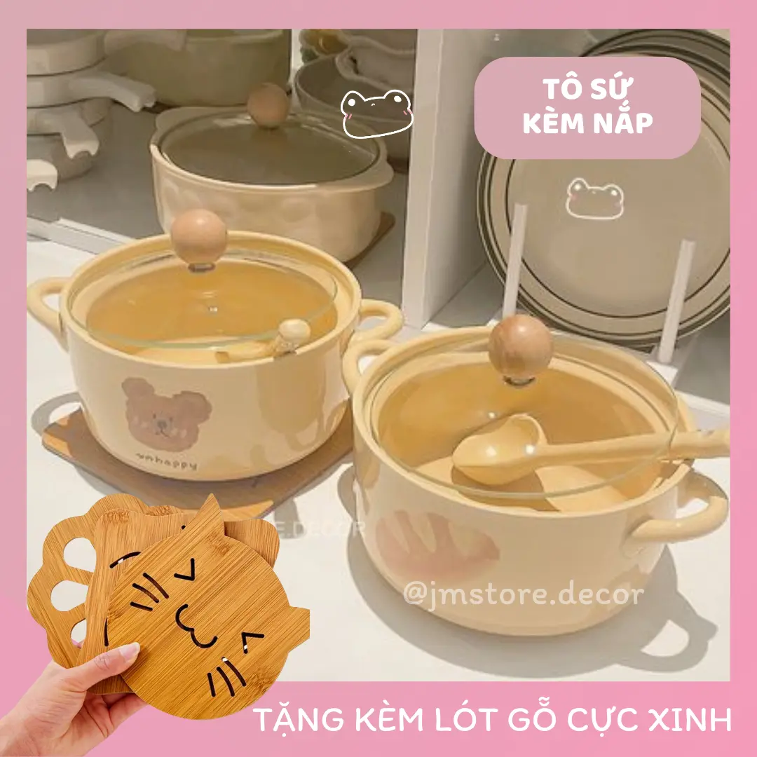 Tô sứ màu kem hoạ tiết gấu bánh mì