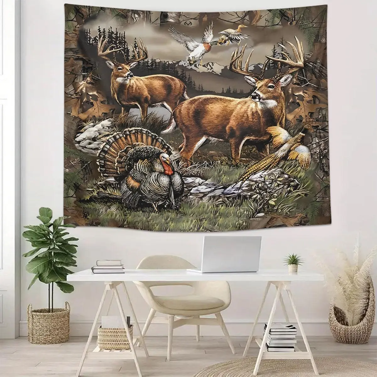 Outdoor Scene Tapestry, Hunting Dog and Deer and Turkey Pattern Wall Hanging, Wall Art Decor for Home Living Room Bedroom