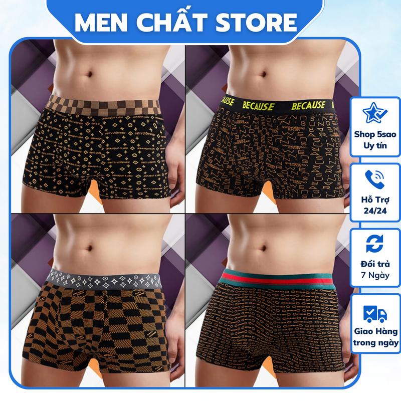 Hộp 4 quần sịp đùi nam thun lạnh họa tiết thương hiệu đóng hộp sang trọng chất vải siêu thoáng mát. Combo 4 quần lót nam đóng hộp sang trọng chát vải thun lạnh mềm mịn mát mặc như không mặc.