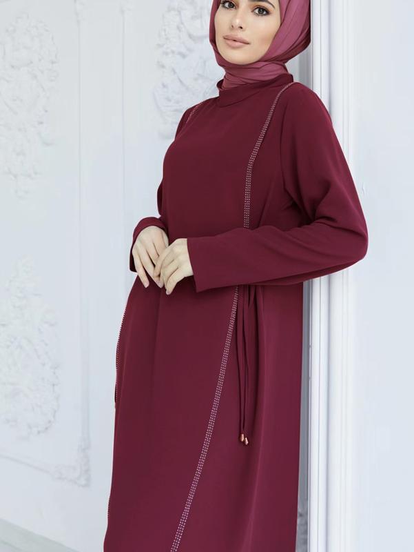 Product Introduction of Muslim Middle East Simple Women's Clothing Long Dress round Neck Solid Color A- line Skirt Long Sleeve Lace Dress 10